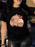 Women's Short Sleeve T Shirts Cute Brown Bear Holding Heart Shaped Cupcake On Black Shirt, Graphic Tshirts Women, Cute T Shirts For Women