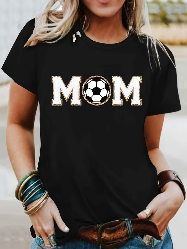Women Tshirts Mom With Soccer Ball Patterned Graphic Shirt, Country Shirts Womens, Womens Graphic Tees Vintage