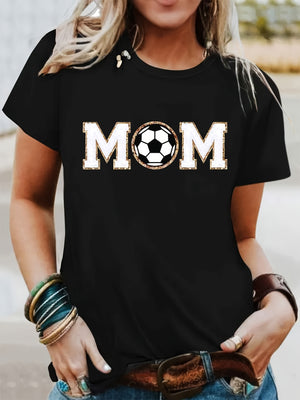 Women Tshirts Mom With Soccer Ball Patterned Graphic Shirt, Country Shirts Womens, Womens Graphic Tees Vintage