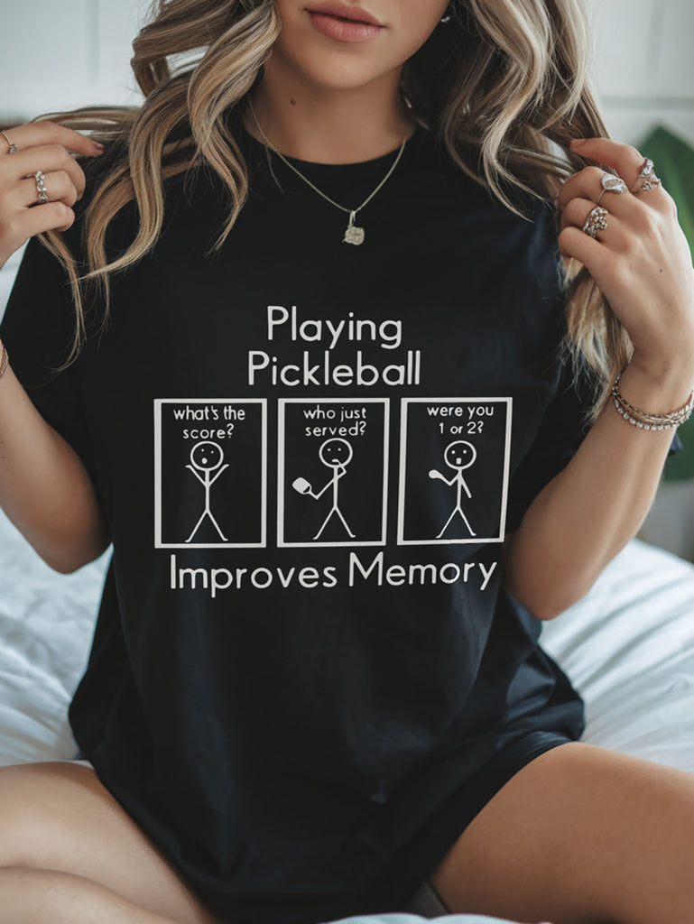 Black T Shirt Women Playing Pickleball Improves Memory Cartoon People Graphic, 100 Cotton T Shirts For Women, Funny Shirts For Women