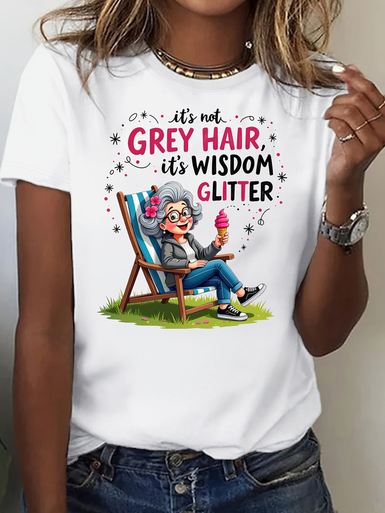Black T Shirt Women Grey Hair Wisdom Glitter Elderly Woman Relaxing On Chair With Ice Cream, 100 Cotton T Shirts For Women, Green Shirt Womens
