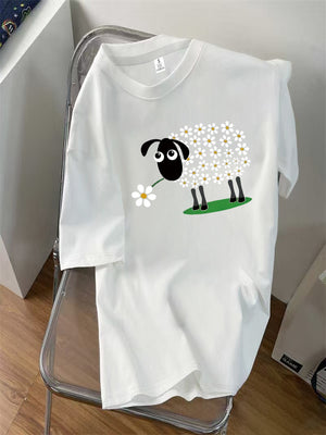 100 Cotton T Shirts For Women Cute Sheep Covered With White Flowers Standing On Green Grass Sheep, Womens Night Shirts, Graphic Shirts For Women