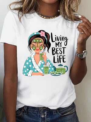 Womens T Shirts Living My Best Life Cheerful Woman With Green Face Mask And Refreshing Lime Drink Tshirt, Womens Graphic Tshirts, Shirt For Women
