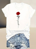 Women T Shirt Love Yourself Elegant Red Rose With Green Stem Flower, Womens Graphic Tshirts, Cotton T Shirts For Women