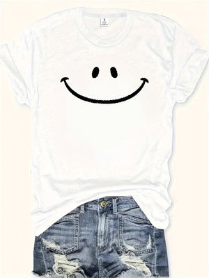 White Cotton Shirt Women Happy Cheerful Smiley Face On Plain White Cotton T Shirt, Womens Tees, Basic Tees Women