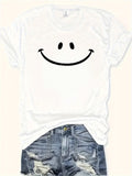 White Cotton Shirt Women Happy Cheerful Smiley Face On Plain White Cotton T Shirt, Womens Tees, Basic Tees Women