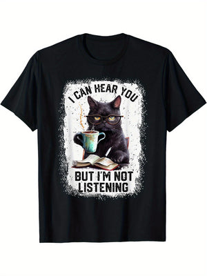 Womens Shirts I Can Hear You But Im Not Listening Black Cat With Coffee Cup And Glasses On Dark Shirt, Womens T Shirts, Cotton T Shirts For Women
