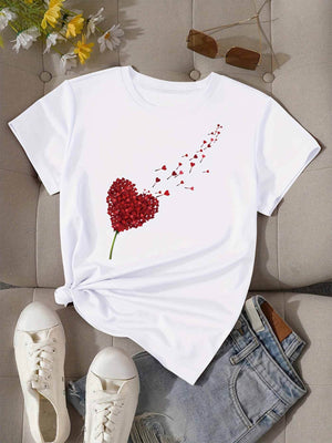 Women T Shirt Flowing Red Petal Heart With Delicate Falling Flower On White Shirt, Funny T Shirts For Women, Green Shirt Womens