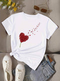 Women T Shirt Flowing Red Petal Heart With Delicate Falling Flower On White Shirt, Funny T Shirts For Women, Green Shirt Womens