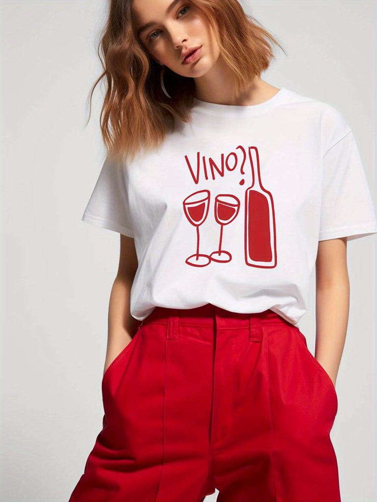 White Cotton Shirt Women Vino Simple Red Wine Glass Bottle Illustration Tshirt, Womens T Shirts, Green Shirt Womens