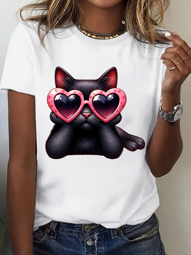 Womens Graphic Tees Vintage Black Cat Wearing Pink Heart Shaped Sunglasses On White Cotton T Shirt, White Cotton Shirt Women, Country Shirts Womens