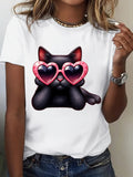 Womens Graphic Tees Vintage Black Cat Wearing Pink Heart Shaped Sunglasses On White Cotton T Shirt, White Cotton Shirt Women, Country Shirts Womens
