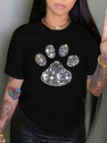 Vintage T Shirts Women Shiny Sparkling Rhinestone Paw Print On Black T Shirt, Graphic Tshirts Women, Green Shirt Womens