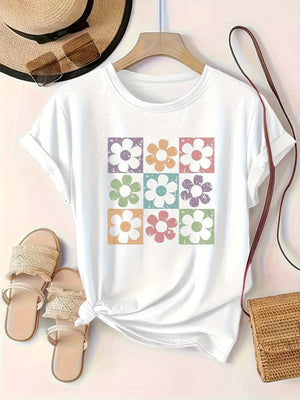 Blue Shirt Women Colorful Floral Pattern With Pastel Tones On White Tshirt, Green Shirt Womens, Womens Tees