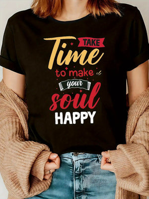 Red T Shirt Women Take Time To Make Your Soul Happy Text, Graphic Tshirts Women, Cotton T Shirts For Women