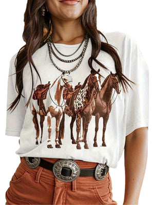 Womens T Shirts Four Horses Standing Close Featuring Detailed Natural Fur Texture Horse, Women Tshirts, Green Shirt Womens