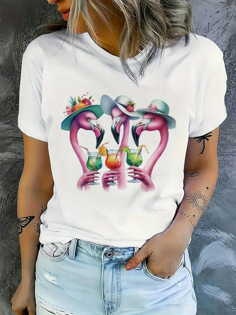 Women Tshirts Elegant Tropical Flamingos Holding Colorful Drinks On White Tshirt, Women T Shirt, Basic Tees Women