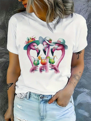 Women Tshirts Elegant Tropical Flamingos Holding Colorful Drinks On White Tshirt, Women T Shirt, Basic Tees Women