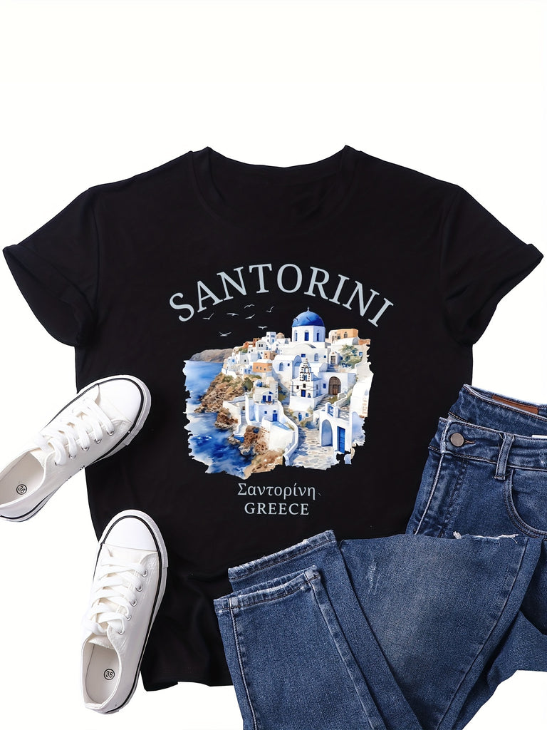 Women Tshirts Santorini Scenic View With White Buildings Blue Domes And Mediterranean Sea Tshirt, White Cotton Shirt Women, Green Shirt Womens