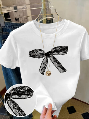 Cotton Shirts For Women Delicate Lace Pattern With Black Intricate Ribbon Bow, Womens Shirts, Women Tshirts