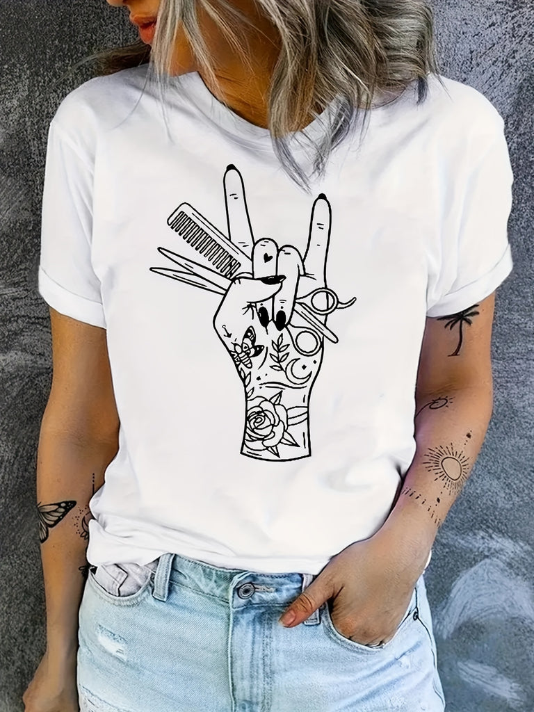 Vintage Shirts Women Hand Gesture With Artistic Detailed Pattern On White Tshirt, Womens Graphic Tshirts, Green Shirt Womens