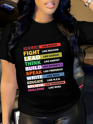 Womens White Tee Dream Fight Hard Think Build Speak Write Educate Believe Challenge Inspiring Motivational Text Shirt, Womens Tees, 100 Cotton T Shirts For Women