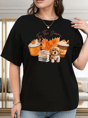 Womens T Shirts Cozy Autumn Leaves Books And Puppy With Warm Pumpkin Cups, Graphic Shirts For Women, Pink Shirt Womens