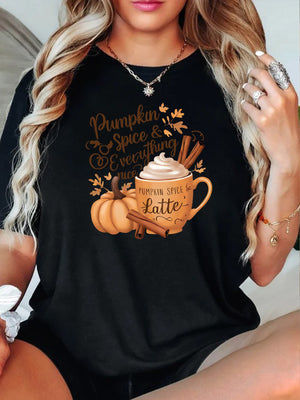Pink Shirt Womens Pumpkin Spice Everything Latte Surrounded With Autumn Leaves And Warm Cinnamon Mug, Shirt For Women, Womens Tees