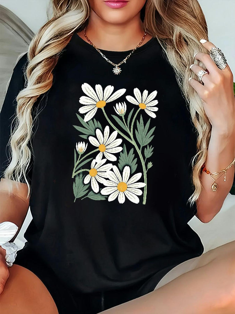 Womens Graphic T Shirts Daisies With Green Leaves Against Black Background Flower, Womens Shirts, Women's Short Sleeve T Shirts