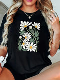 Womens Graphic T Shirts Daisies With Green Leaves Against Black Background Flower, Womens Shirts, Women's Short Sleeve T Shirts