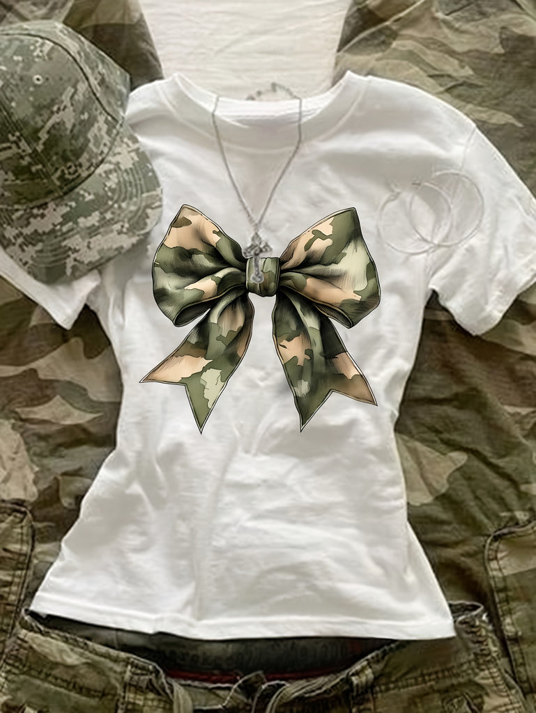 Country Shirts Womens Large Camouflage Patterned Bow On Plain White Cotton Tshirt, Cotton Shirts For Women, Funny T Shirts For Women