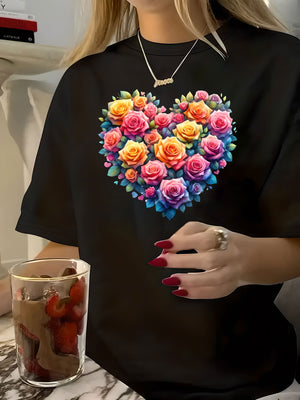 Country Shirts Womens Colorful Vibrant Blooming Flowers Forming Heart Shaped Bouquet, Graphic Tees Women, White Cotton Shirt Women