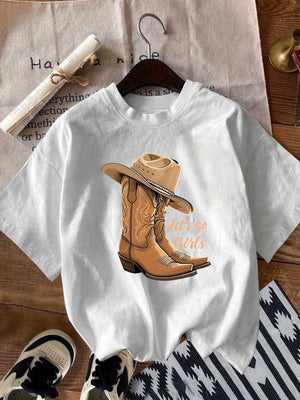 Red T Shirt Women Stylish Cowboy Hat With Embroidered Classic Western Boot, Womens Graphic Tshirts, Vintage Shirts Women