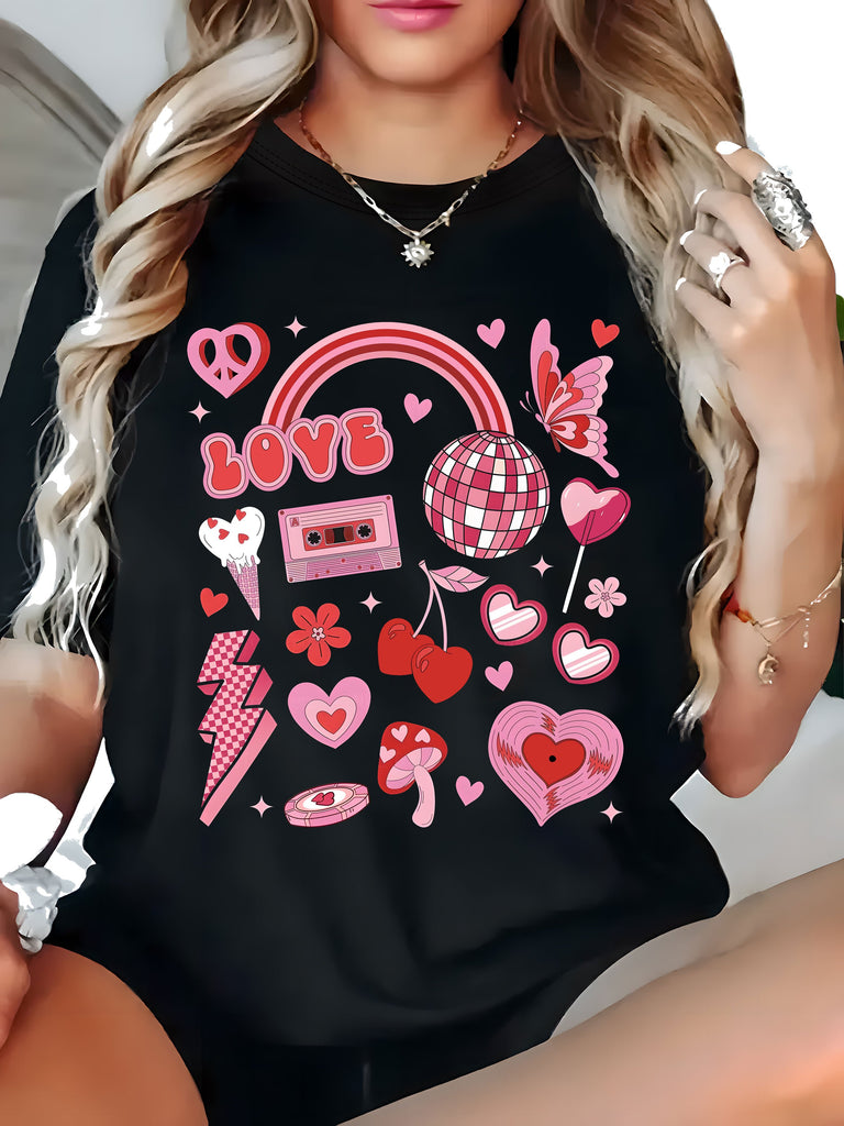 Women T Shirt Love Fun Bright Retro Pink Hearts And Disco Ball Tshirt, Women's Short Sleeve T Shirts, Basic Tees Women