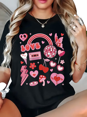 Women T Shirt Love Fun Bright Retro Pink Hearts And Disco Ball Tshirt, Women's Short Sleeve T Shirts, Basic Tees Women
