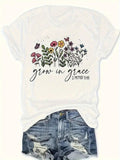 White Cotton Shirt Women Grow In Grace Colorful Wildflowers And Butterflies Among Delicate Handwritten Text Floral Tshirt, Graphic Tshirts Women, Green Shirt Womens