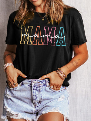 Vintage T Shirts Women Mama Colorful Layered Outlined Text On Casual Black Tshirt, Green Shirt Womens, Pink Shirt Womens