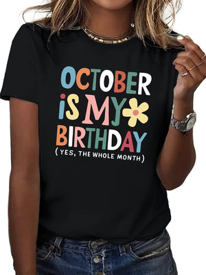 Women's Short Sleeve T Shirts October Colorful Letters With Playful Flower On Birthday Tshirt, Womens Graphic Tees Vintage, Womens Tees