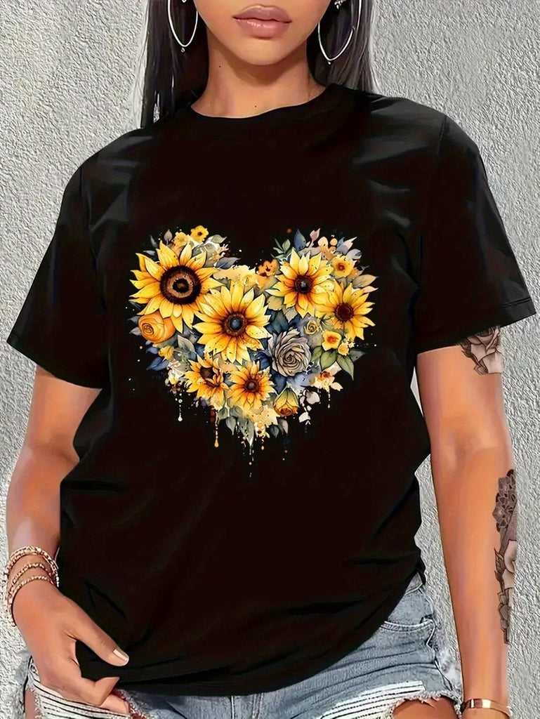 Womens Graphic Tshirts Heart Shaped Arrangement Of Bright Sunflowers And Delicate Leaves Flower, Womens Tees, Womens Graphic T Shirts