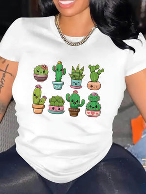 Blue Shirt Women Cute Succulent Plants Cartoon Style With Variety Of Pot Plants, 100 Cotton T Shirts For Women, Womens Tees