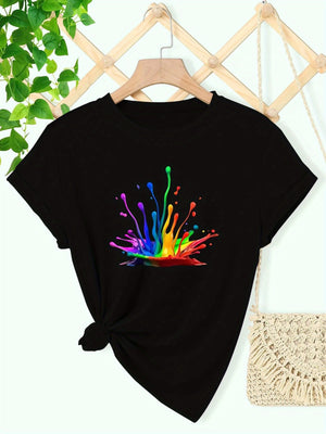 Shirt For Women Colorful Splash Of Vibrant Droplets On Black T Shirt, Graphic Tshirts Women, Red T Shirt Women