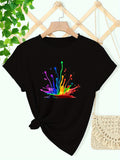 Shirt For Women Colorful Splash Of Vibrant Droplets On Black T Shirt, Graphic Tshirts Women, Red T Shirt Women