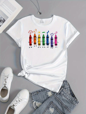 Red T Shirt Women Happy Colorful Crayons Standing In A Row Shirt, Cute Graphic Tees For Women, Womens Night Shirts