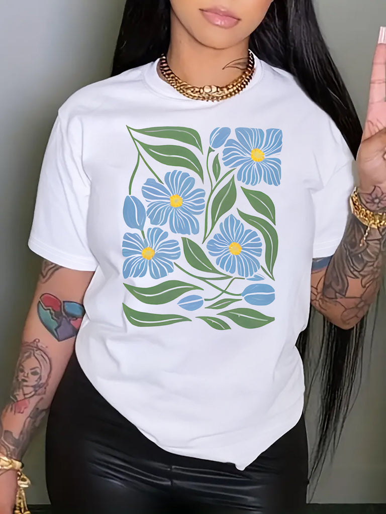 Vintage T Shirts Women Blue Flowers With Green Leaves Among Flowing Stems Flower, Pink Shirt Womens, White Cotton Shirt Women