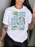Vintage T Shirts Women Blue Flowers With Green Leaves Among Flowing Stems Flower, Pink Shirt Womens, White Cotton Shirt Women
