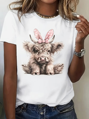 Blue Shirt Women Cute Fluffy Animal Wearing Pink Bow With Playful Expression Calf, Women T Shirt, Green Shirt Womens