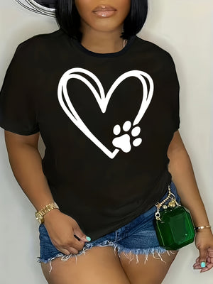 Women's Short Sleeve T Shirts White Heart Outline With Paw Print Design On Black T Shirt, Cotton T Shirts For Women, Graphic Tees Women
