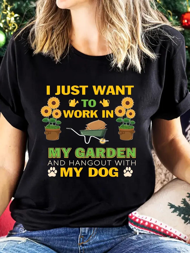 Country Shirts Womens I Just Want To Work In Garden And Hangout With Dog Tshirt, Pink Shirt Womens, Funny T Shirts For Women