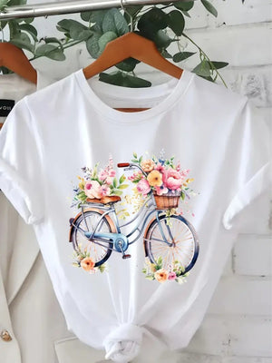 Shirt For Women Vintage Bicycle With Colorful Flowers In Basket And Surrounding Frame, Black T Shirt Women, Graphic Tshirts Women