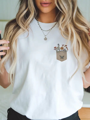 Womens Graphic T Shirts Small Abstract Butterfly And Flowers Blooming On Pocket Tshirt, Graphic Tshirts Women, Basic Tees Women